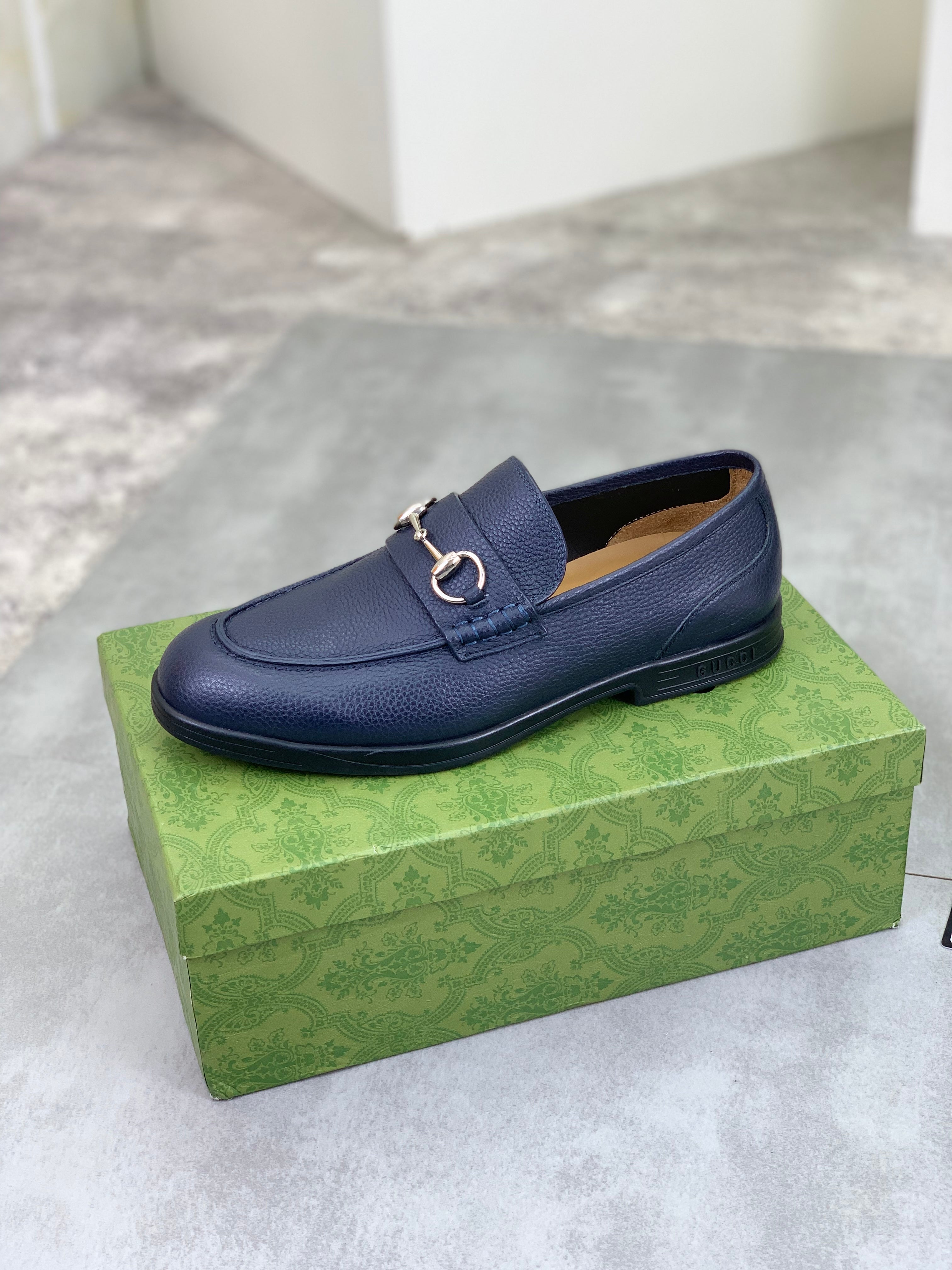 GG Men's Horsebit Loafer Navy Blue Silver Cowhide 524771