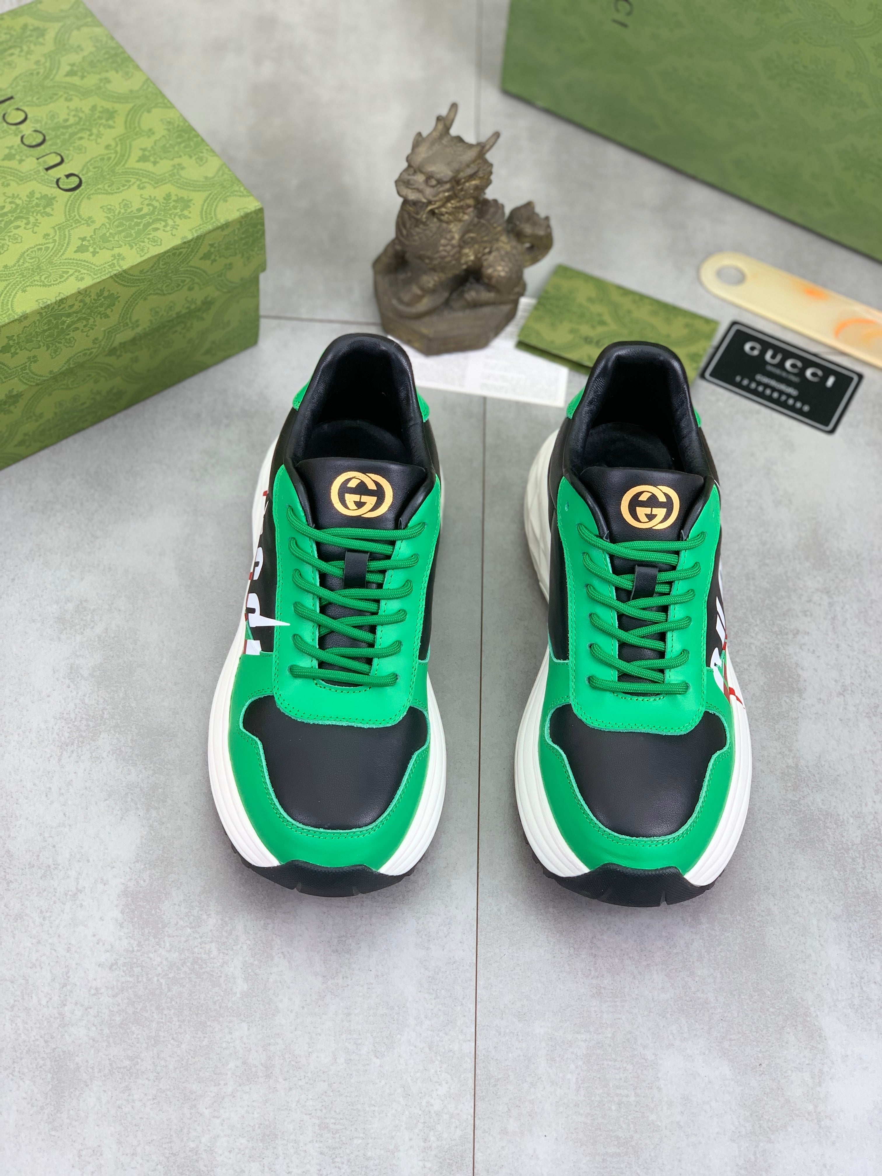 GG Men's Rhyton Sneaker Green White Calfskin 528952