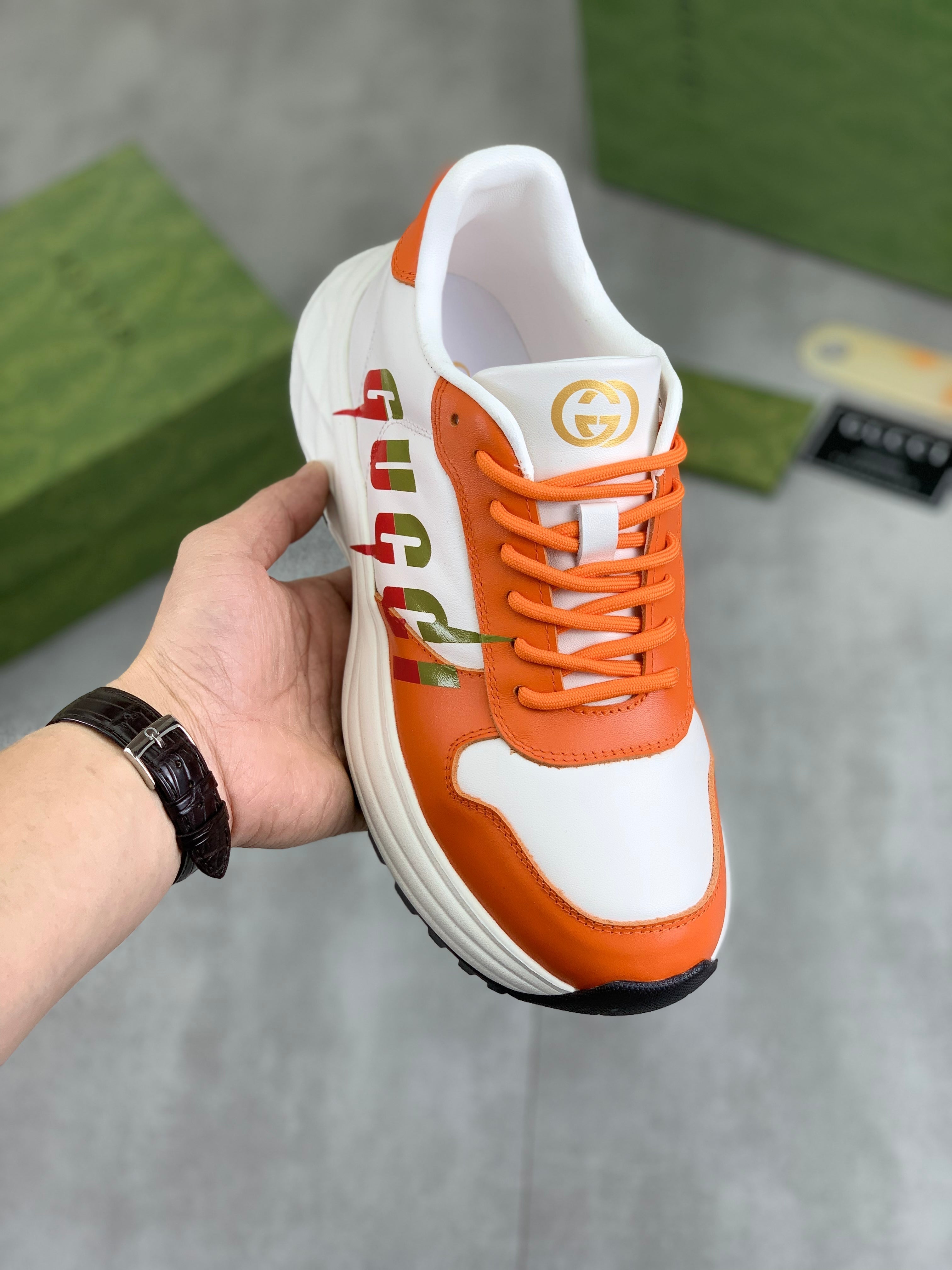 GG Men's Rhyton Sneaker Orange White Calfskin 528954