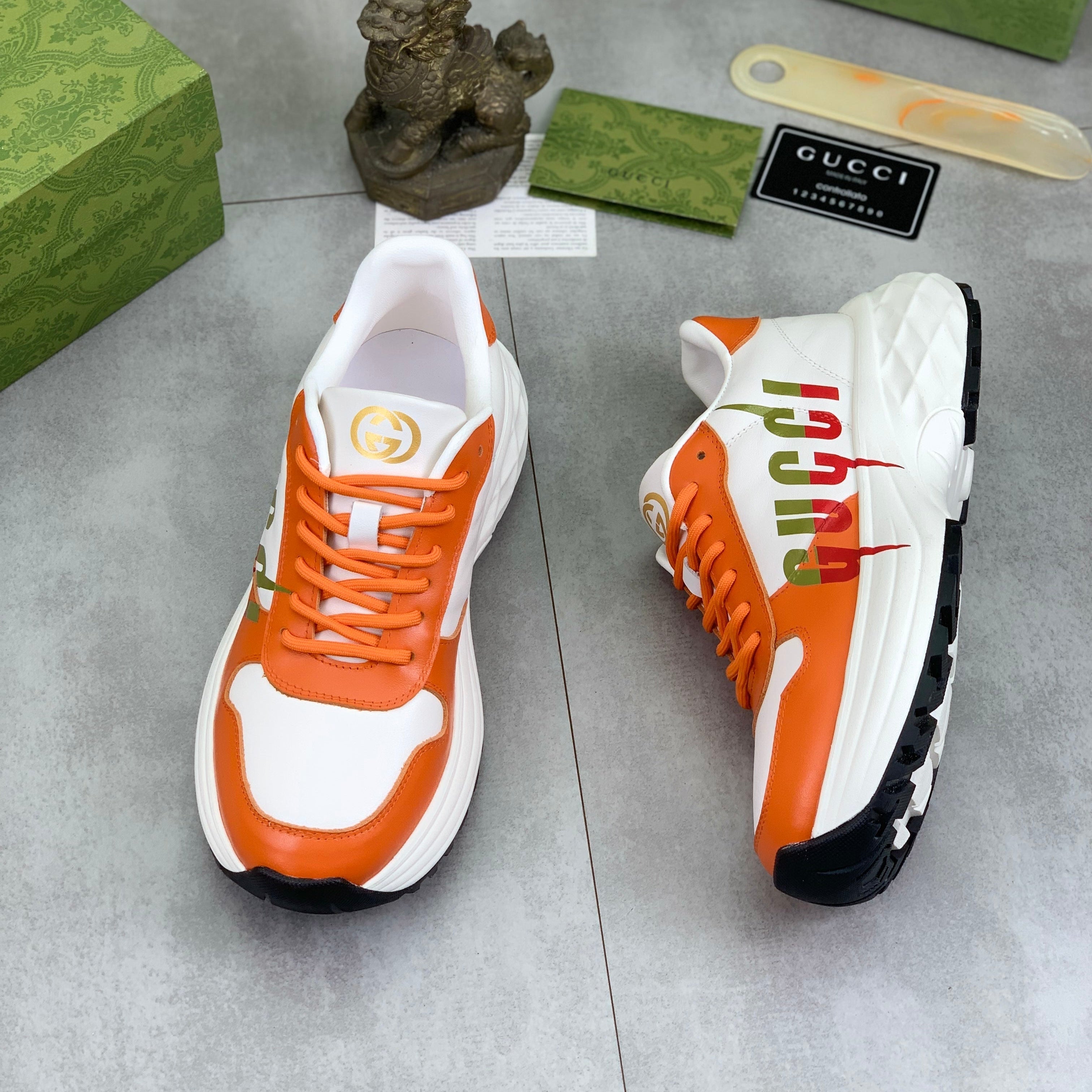 GG Men's Rhyton Sneaker Orange White Calfskin 528954