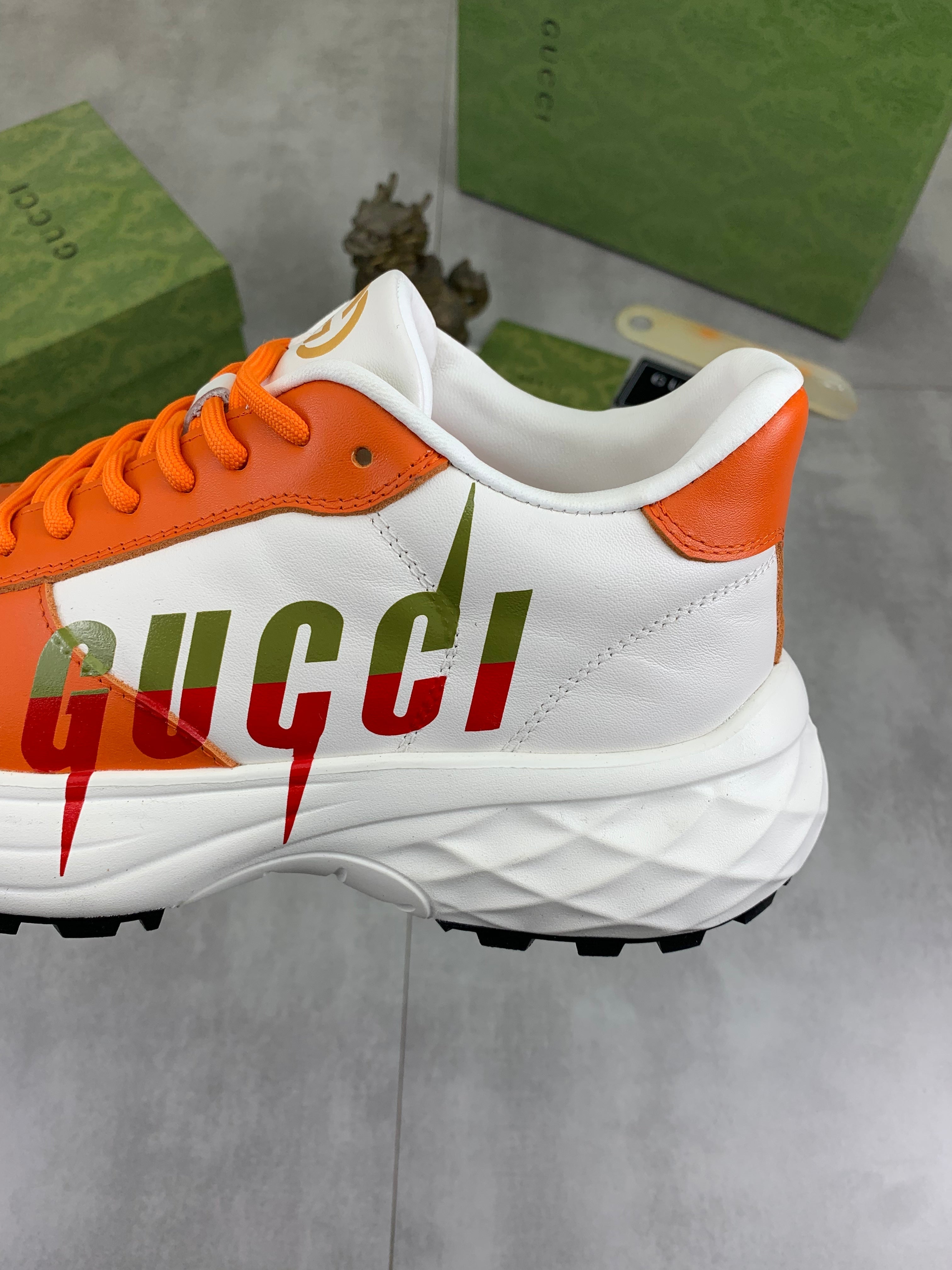 GG Men's Rhyton Sneaker Orange White Calfskin 528954