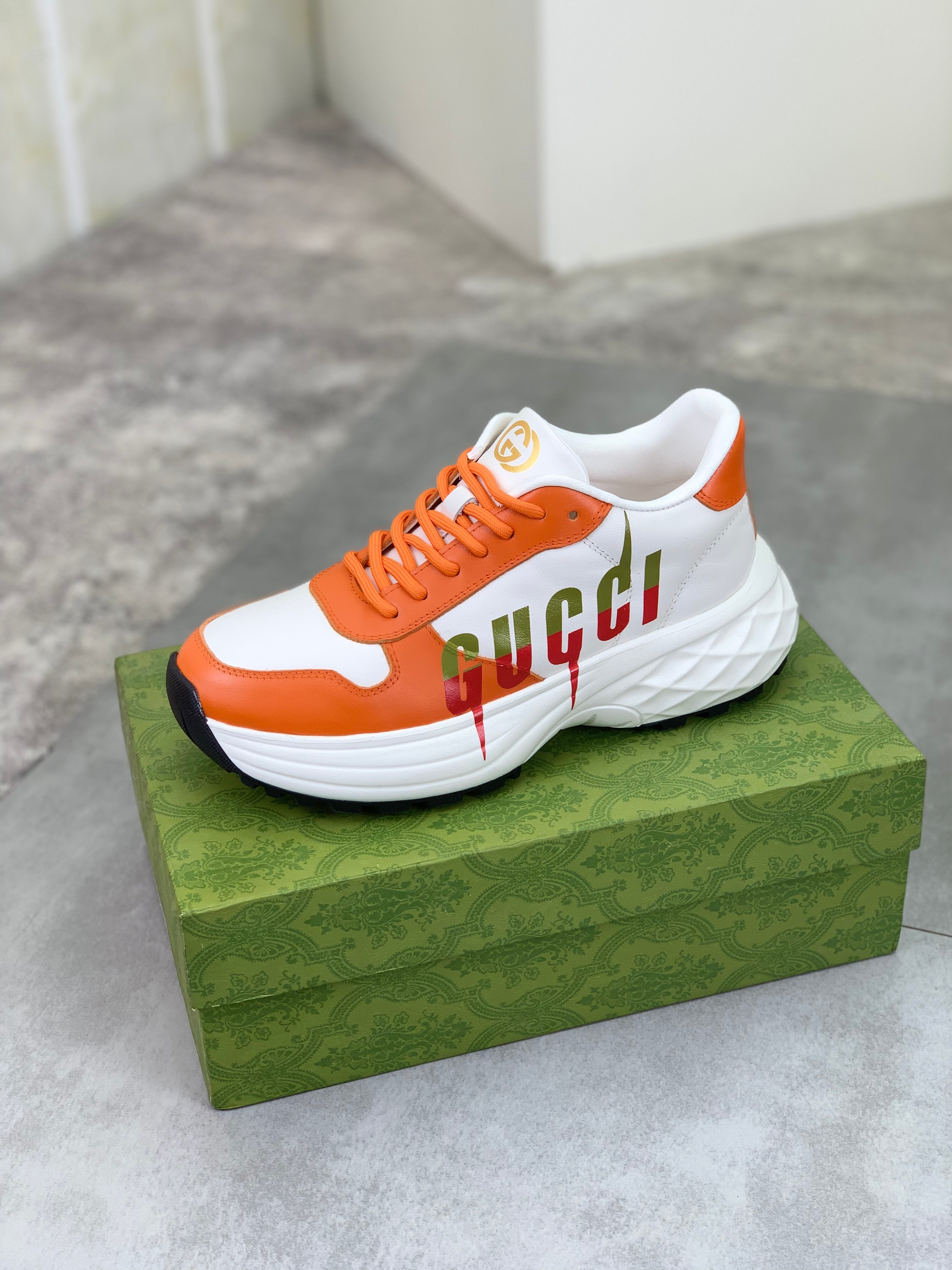 GG Men's Rhyton Sneaker Orange White Calfskin 528954