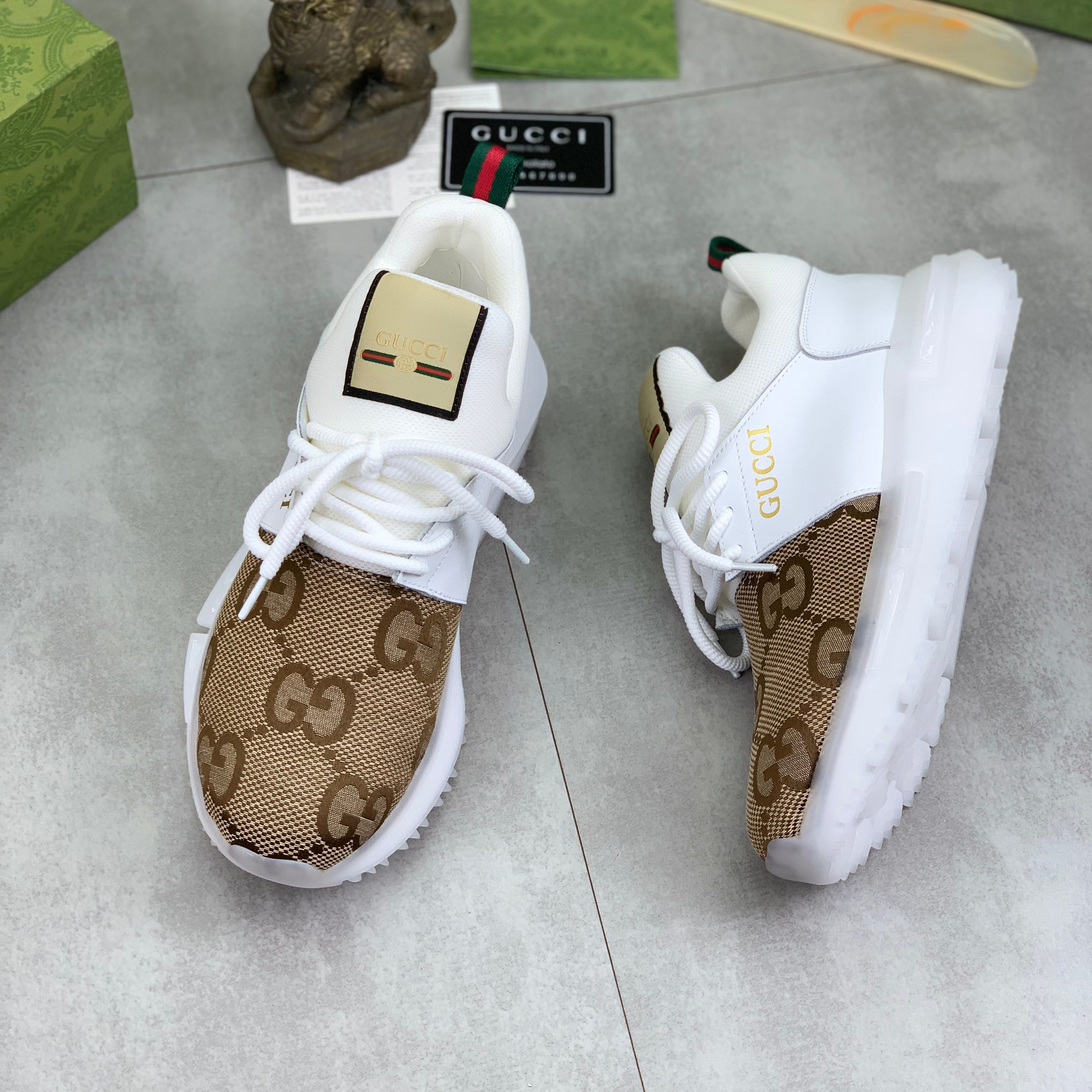 GG Men's Sneaker White Brown Calfskin Canvas 528940