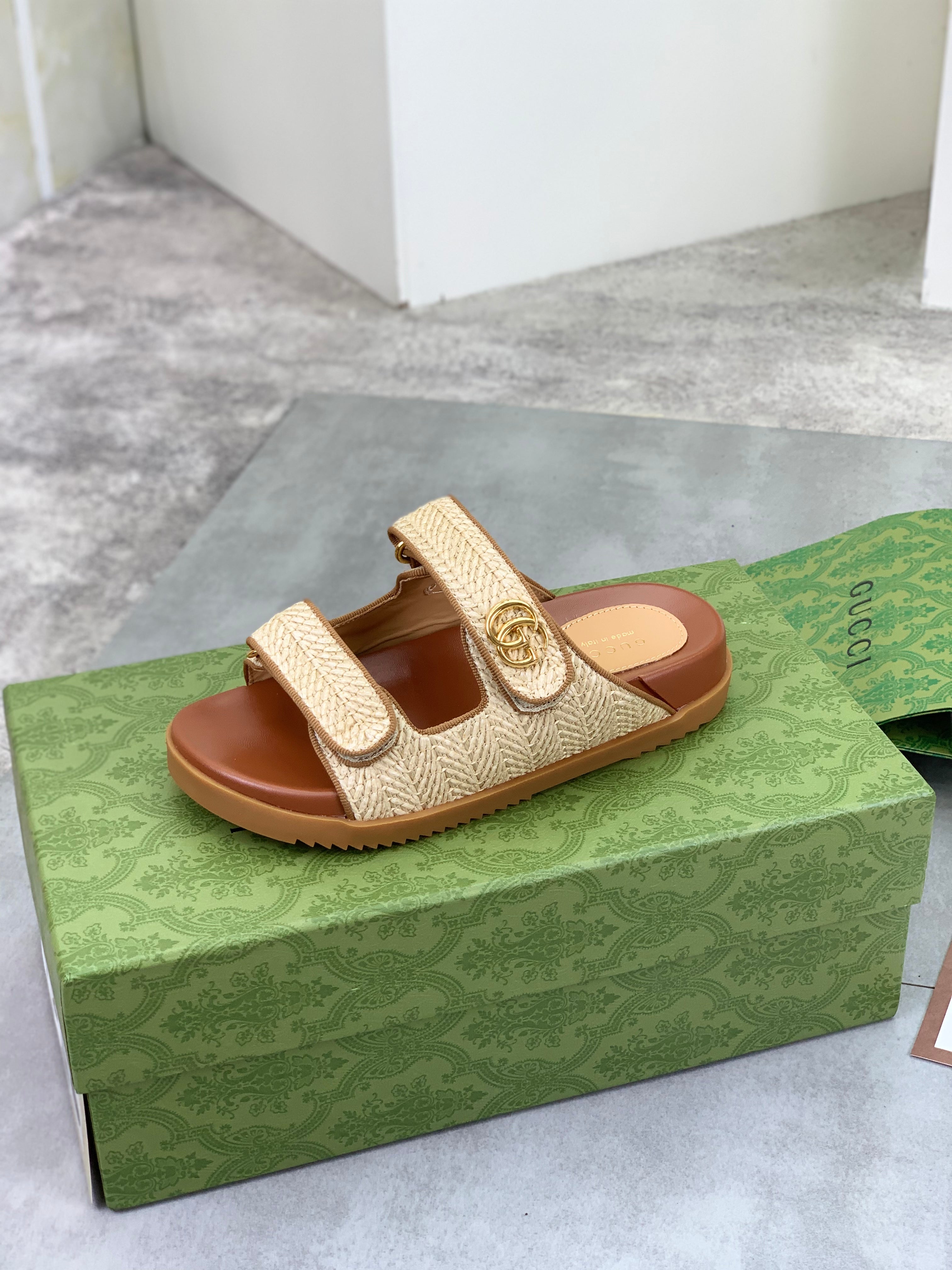 GG Men's 25 Slide Beige Brown Sedge Cowhide 734883