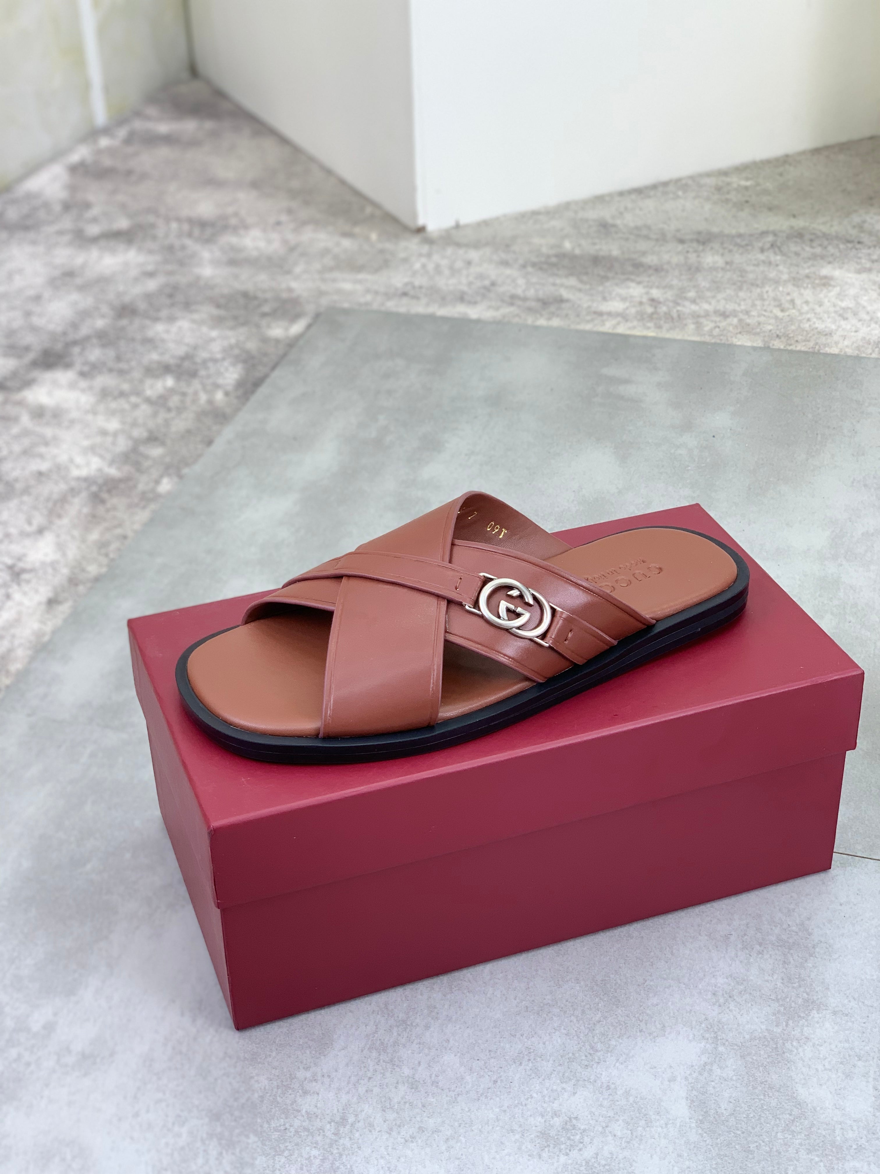 GG Men's 25 Sandals Slide Brown Cowhide 738473