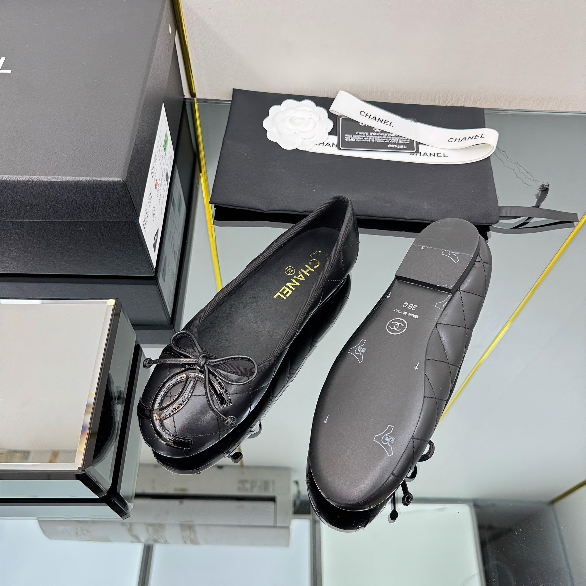 CC 25 Cambon Ballet Flat Black Quilted Calfskin