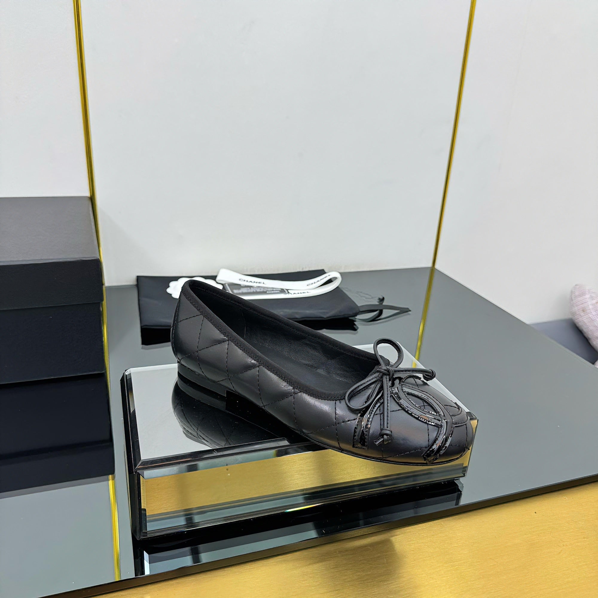 CC 25 Cambon Ballet Flat Black Quilted Calfskin