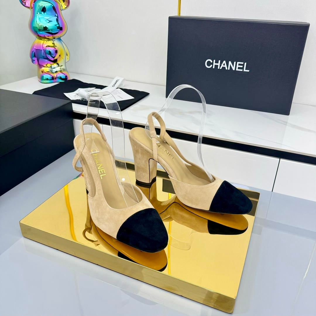 Chanel Slingback 90mm Light Beige Black Suede 469669