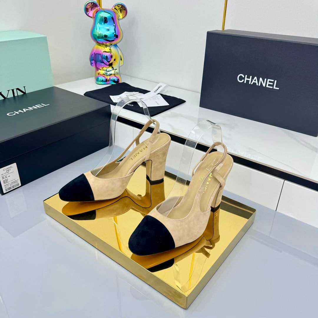 Chanel Slingback 90mm Light Beige Black Suede 469669