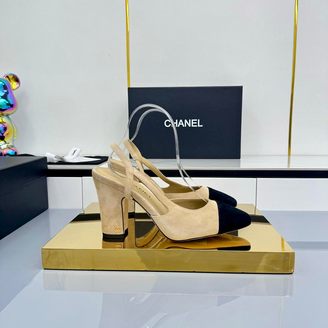 Chanel Slingback 90mm Light Beige Black Suede 469669