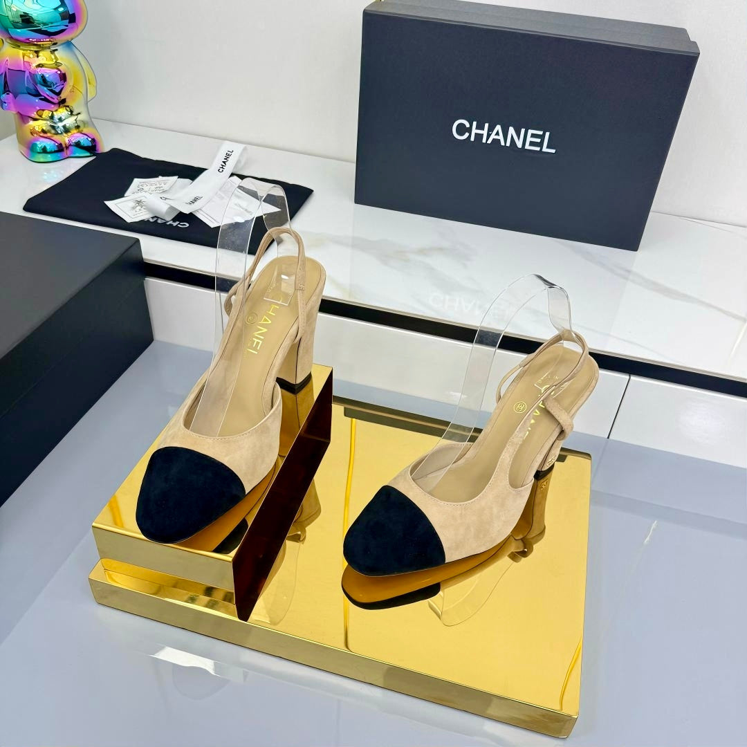 Chanel Slingback 90mm Light Beige Black Suede 469669