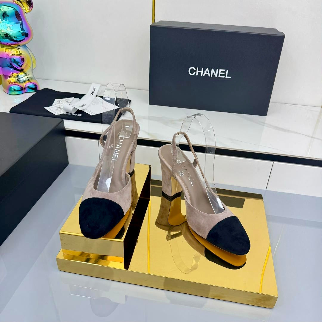Chanel Slingback 90mm Grey Black Suede 469670