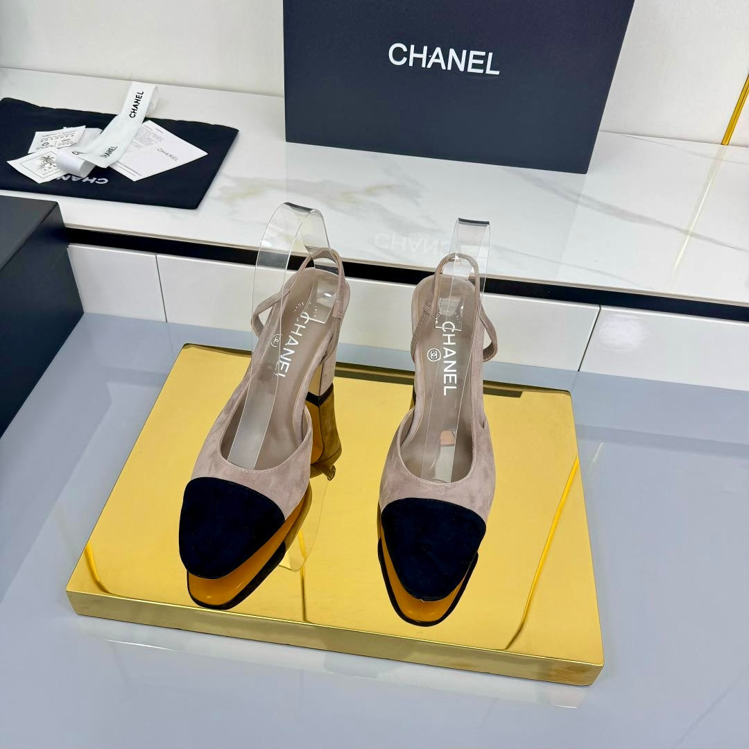 Chanel Slingback 90mm Grey Black Suede 469670