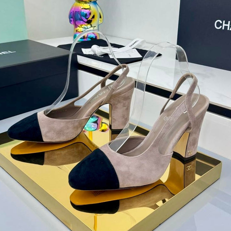 Chanel Slingback 90mm Grey Black Suede 469670