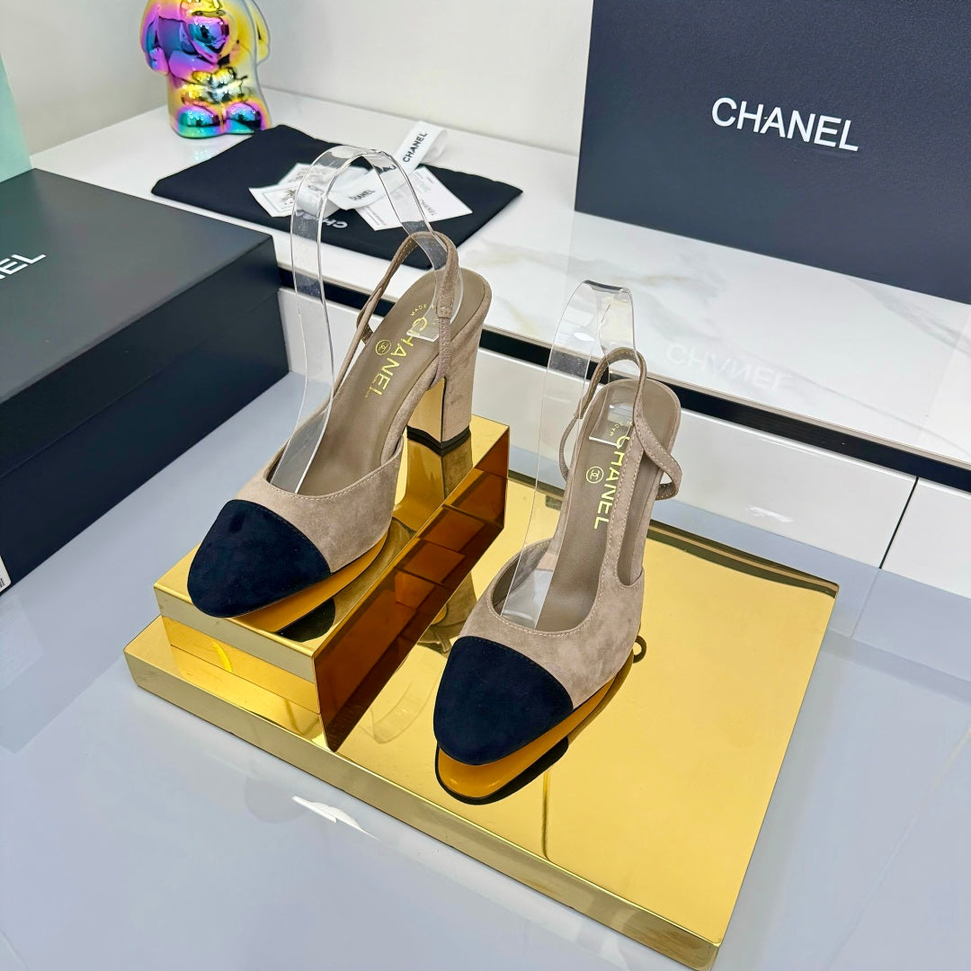 Chanel Slingback 90mm Neutral Beige Black Suede 469673