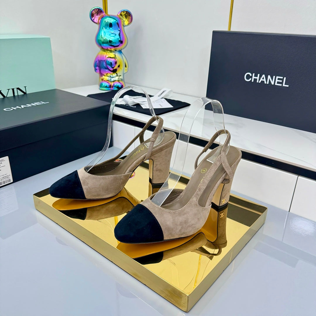 Chanel Slingback 90mm Neutral Beige Black Suede 469673