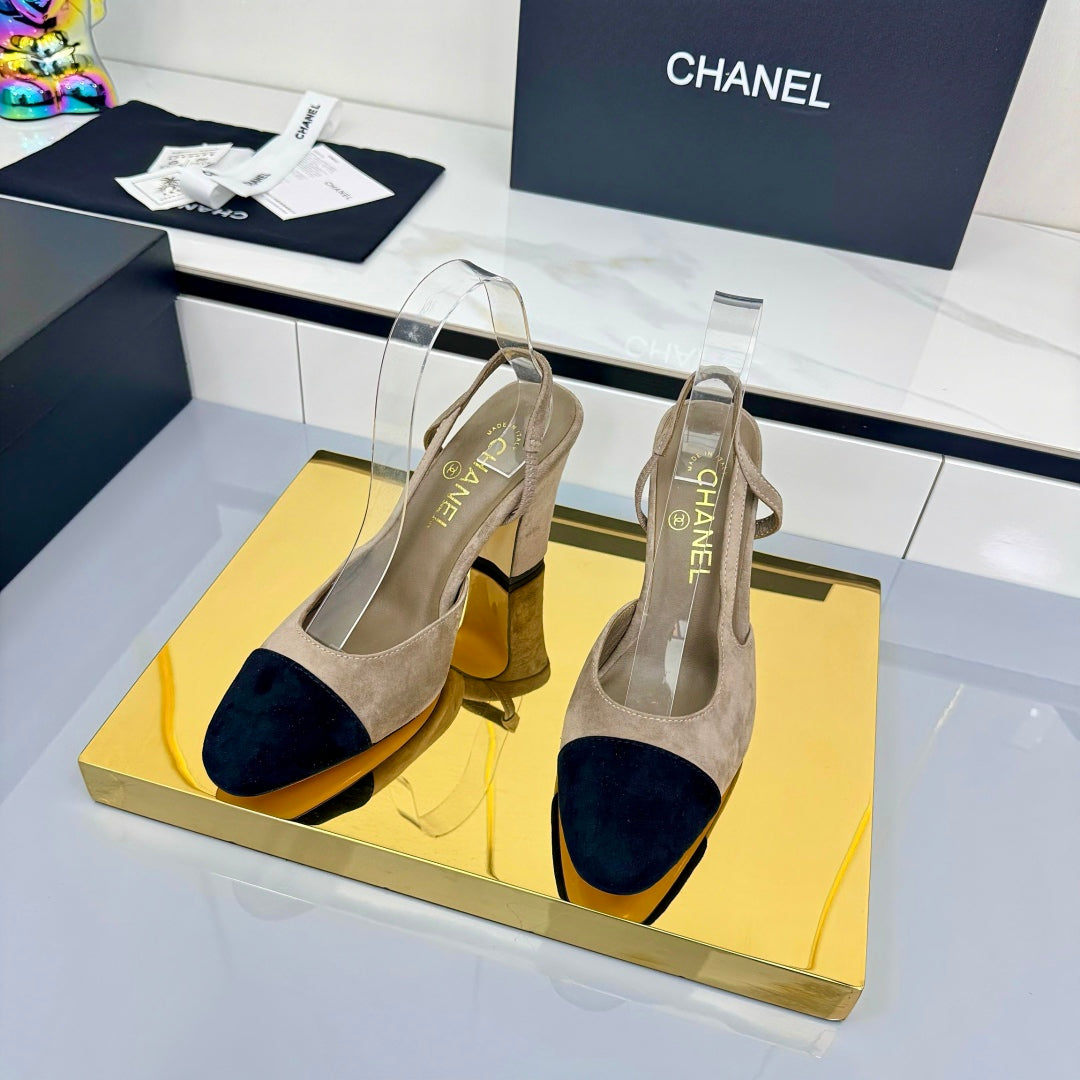 Chanel Slingback 90mm Neutral Beige Black Suede 469673