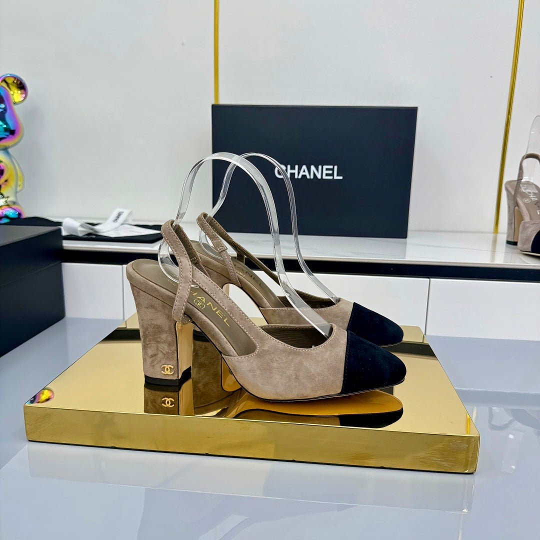 Chanel Slingback 90mm Neutral Beige Black Suede 469673