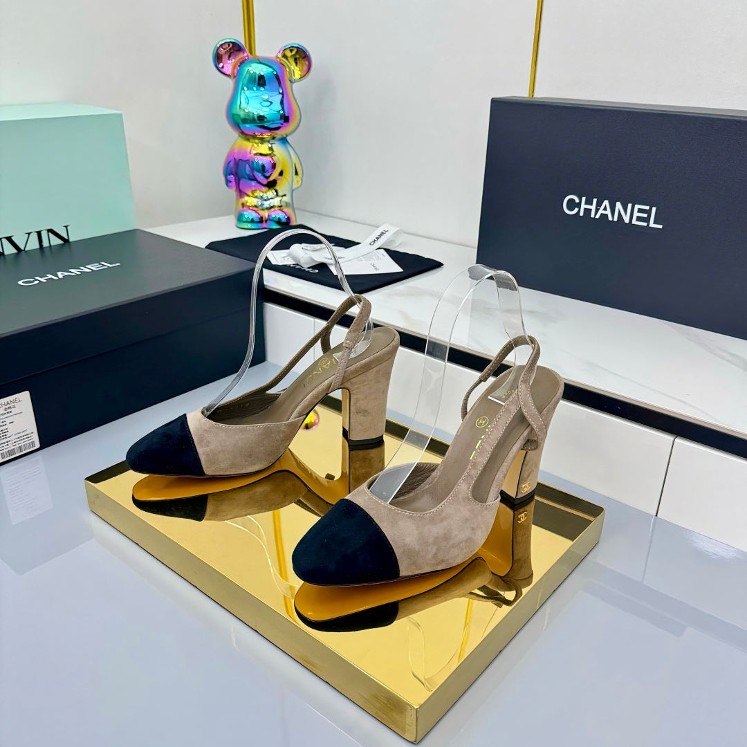Chanel Slingback 90mm Neutral Beige Black Suede 469673
