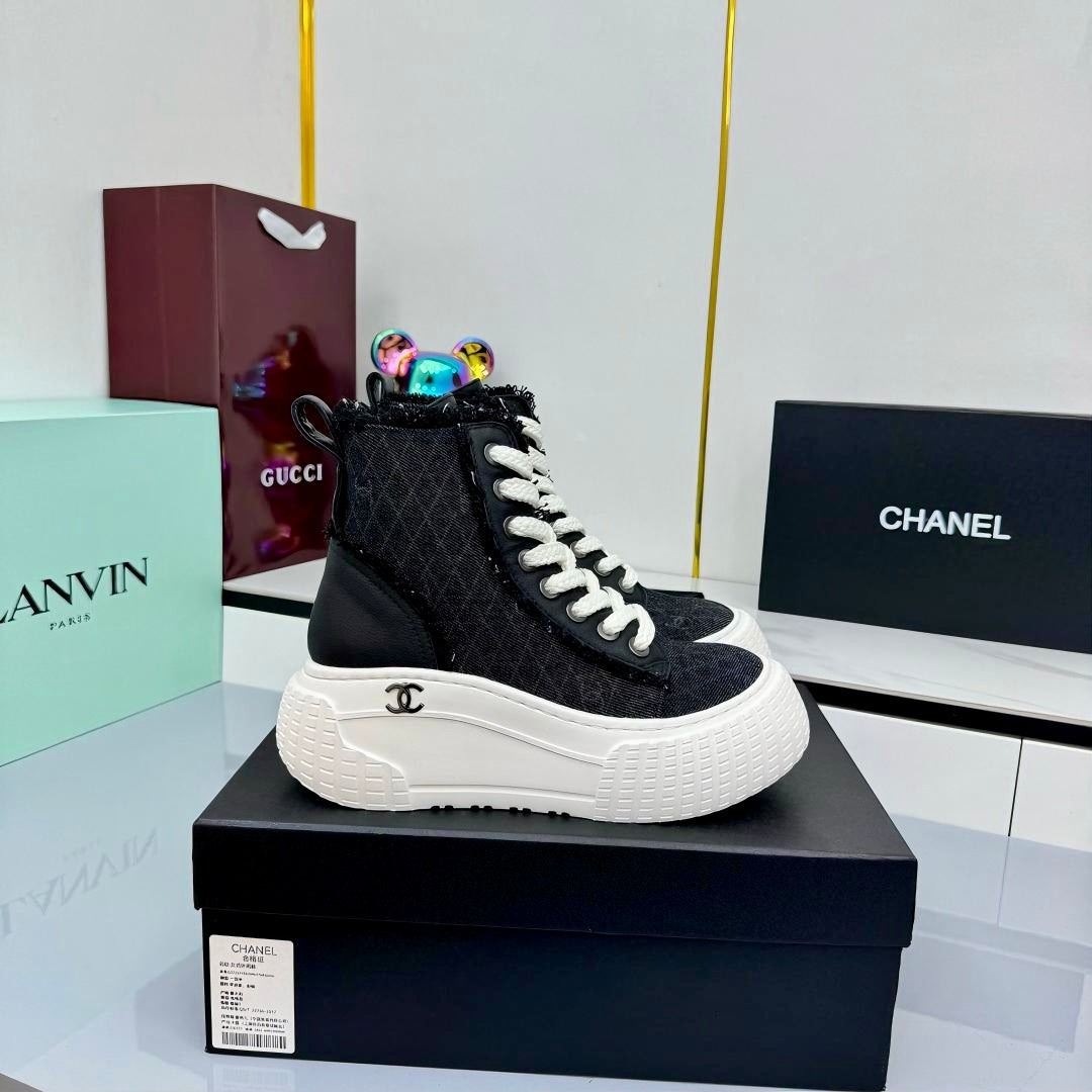 Chanel 2025 High-Top Sneakers Black White Cowhide Denim Frabic 469799
