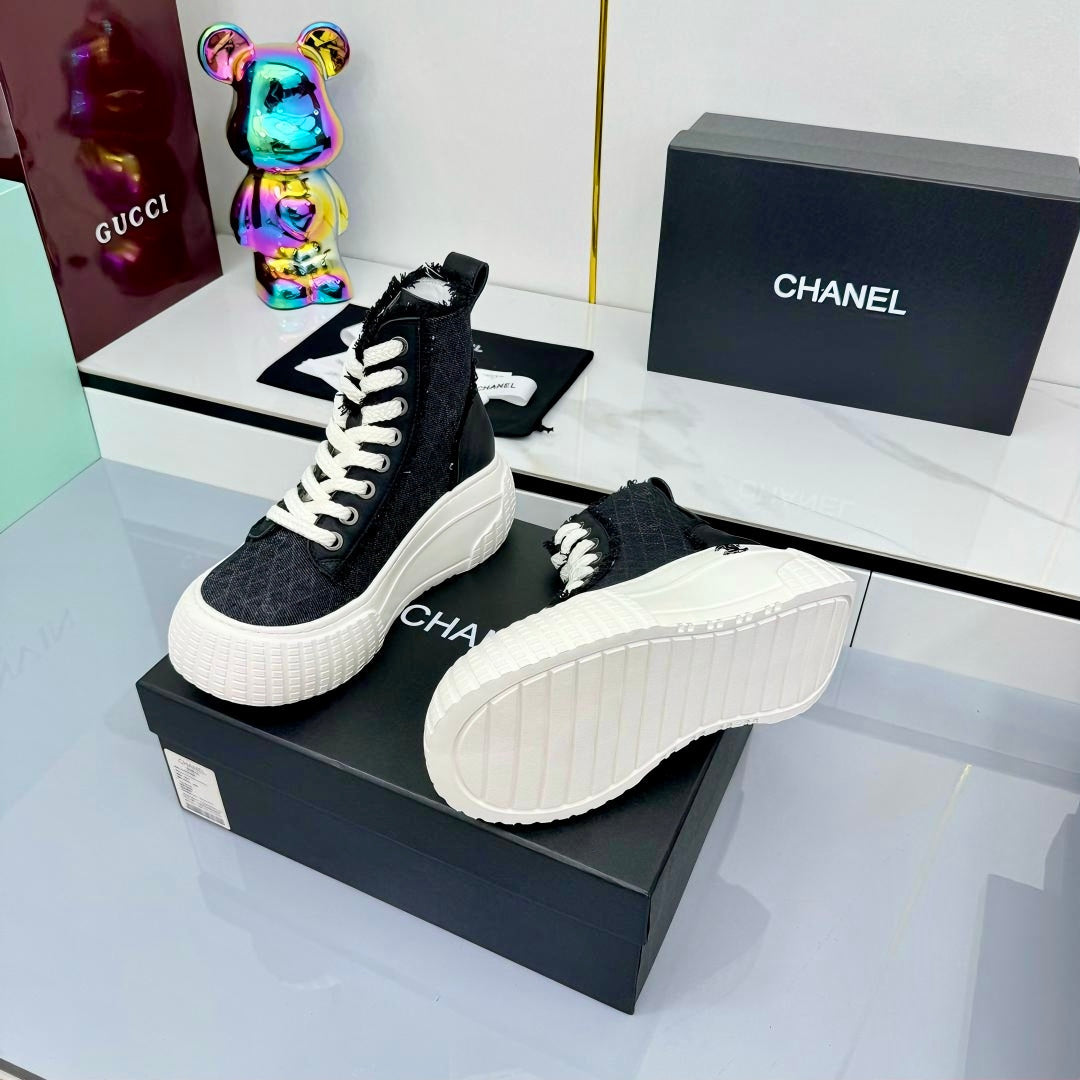 Chanel 2025 High-Top Sneakers Black White Cowhide Denim Frabic 469799
