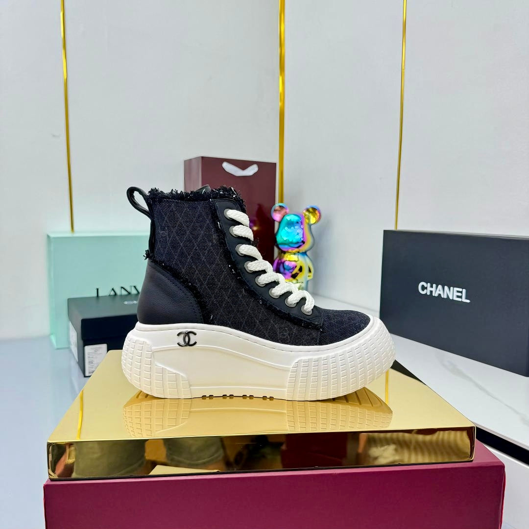 Chanel 2025 High-Top Sneakers Black White Cowhide Denim Frabic 469799