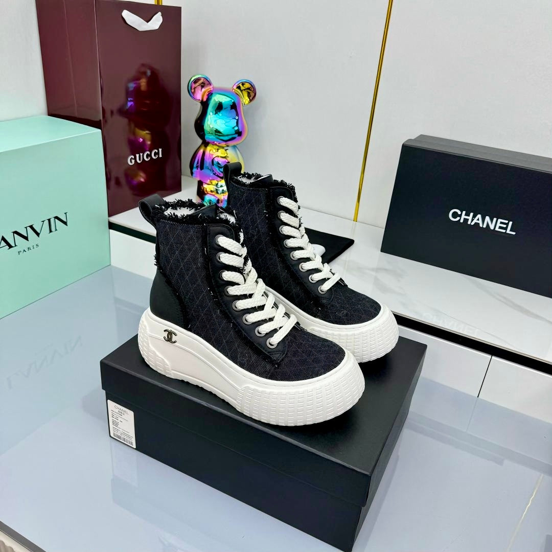 Chanel 2025 High-Top Sneakers Black White Cowhide Denim Frabic 469799