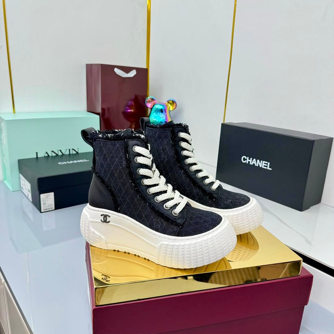 Chanel 2025 High-Top Sneakers Black White Cowhide Denim Frabic 469799