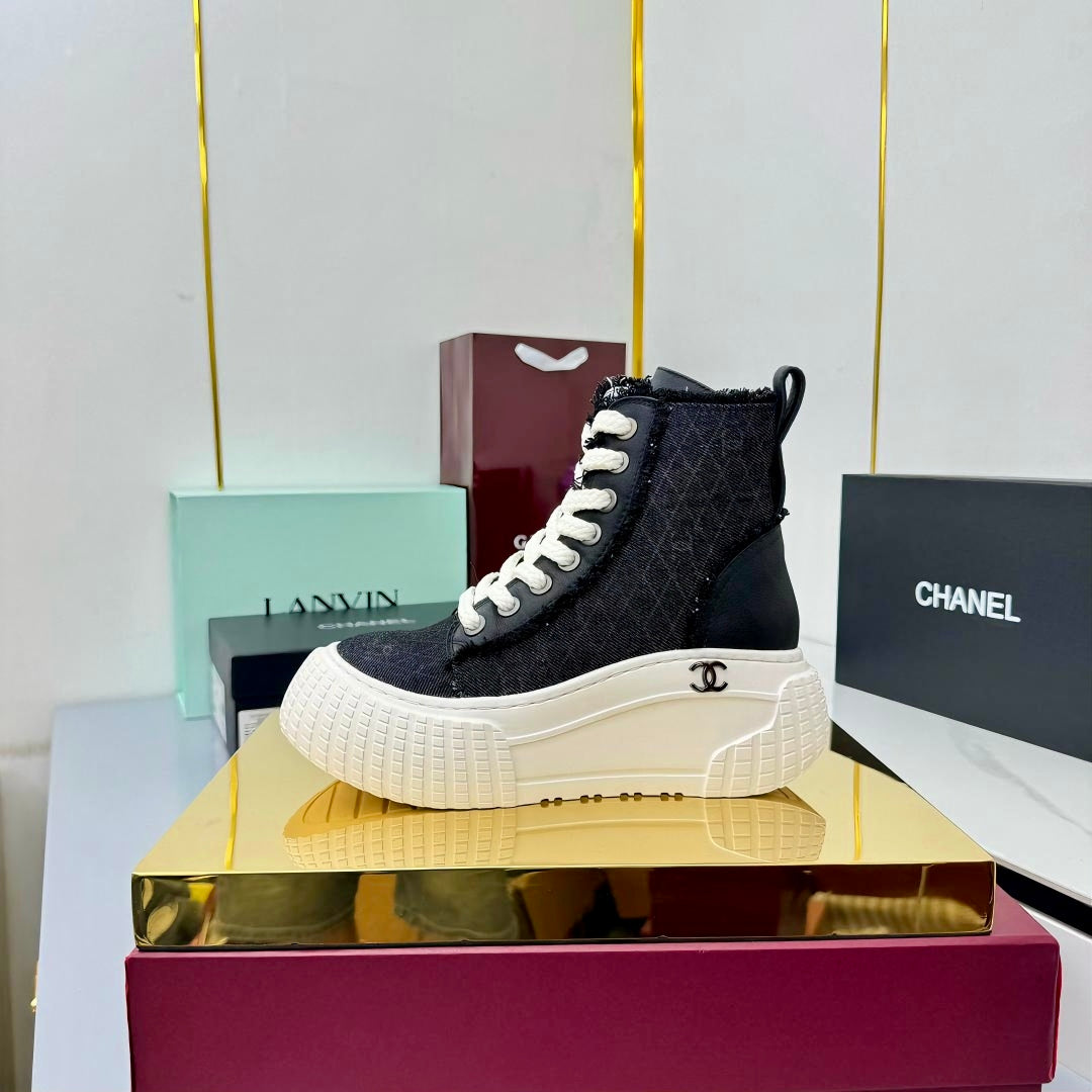 Chanel 2025 High-Top Sneakers Black White Cowhide Denim Frabic 469799