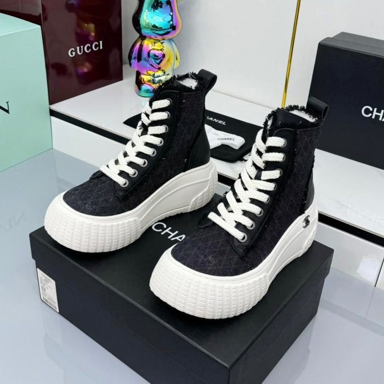 Chanel 2025 High-Top Sneakers Black White Cowhide Denim Frabic 469799