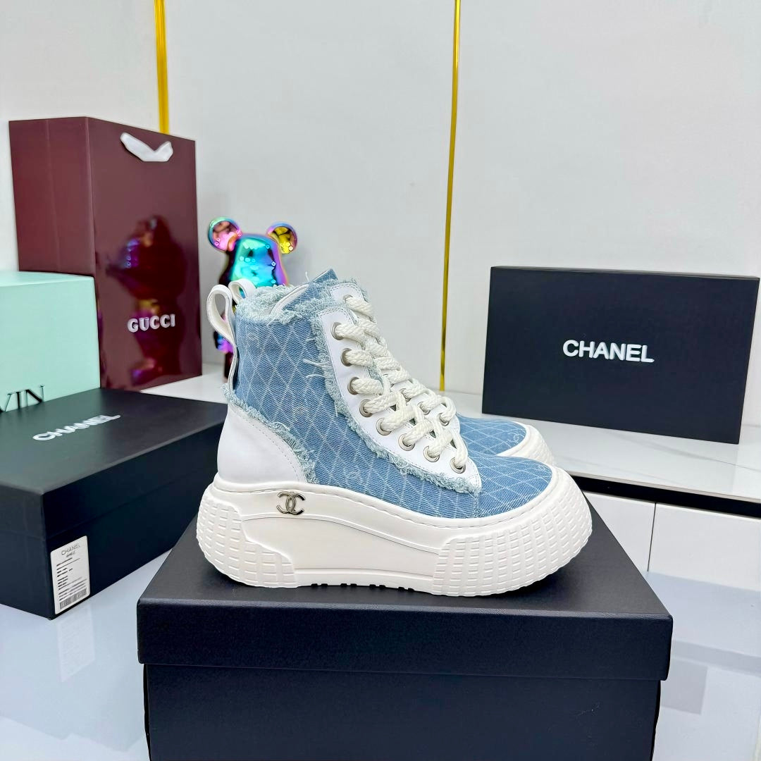 Chanel 2025 High-Top Sneakers Light Blue White Cowhide Denim Frabic 469797