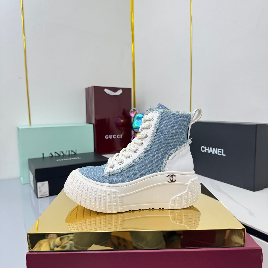 Chanel 2025 High-Top Sneakers Light Blue White Cowhide Denim Frabic 469797