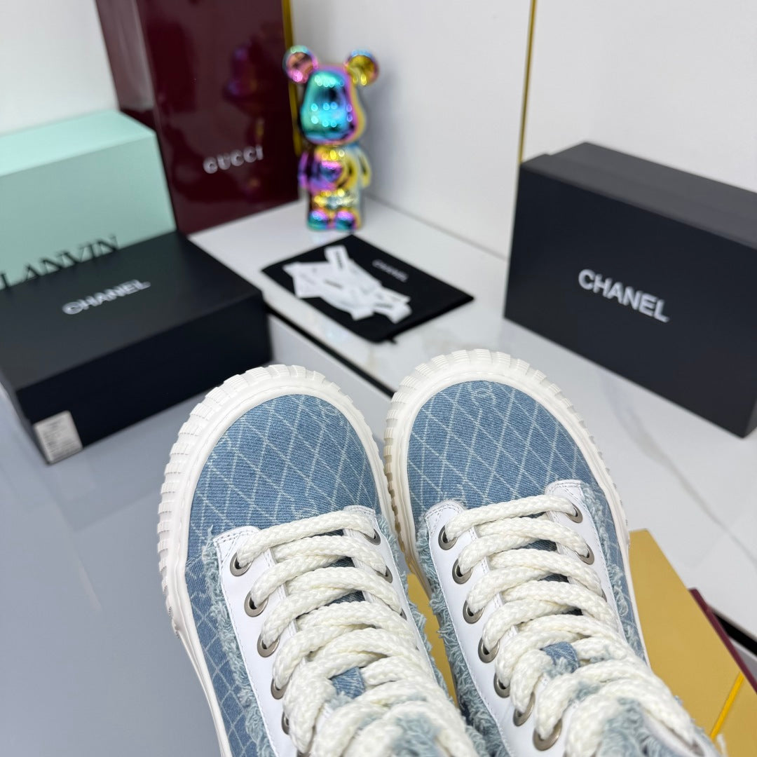 Chanel 2025 High-Top Sneakers Light Blue White Cowhide Denim Frabic 469797