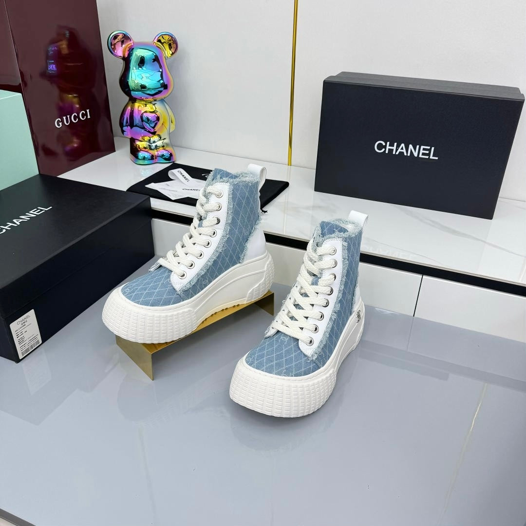 Chanel 2025 High-Top Sneakers Light Blue White Cowhide Denim Frabic 469797