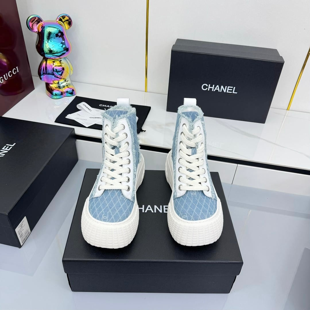 Chanel 2025 High-Top Sneakers Light Blue White Cowhide Denim Frabic 469797