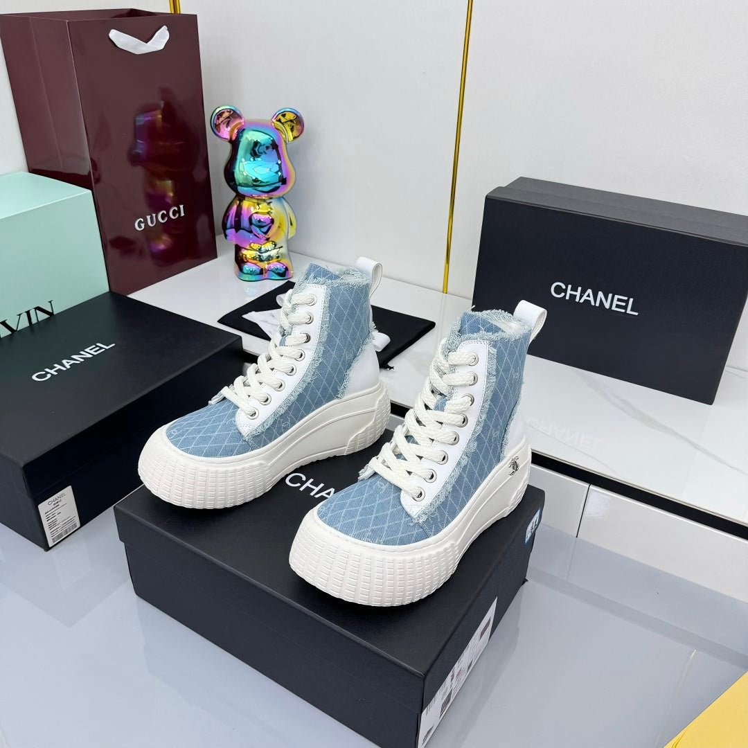 Chanel 2025 High-Top Sneakers Light Blue White Cowhide Denim Frabic 469797