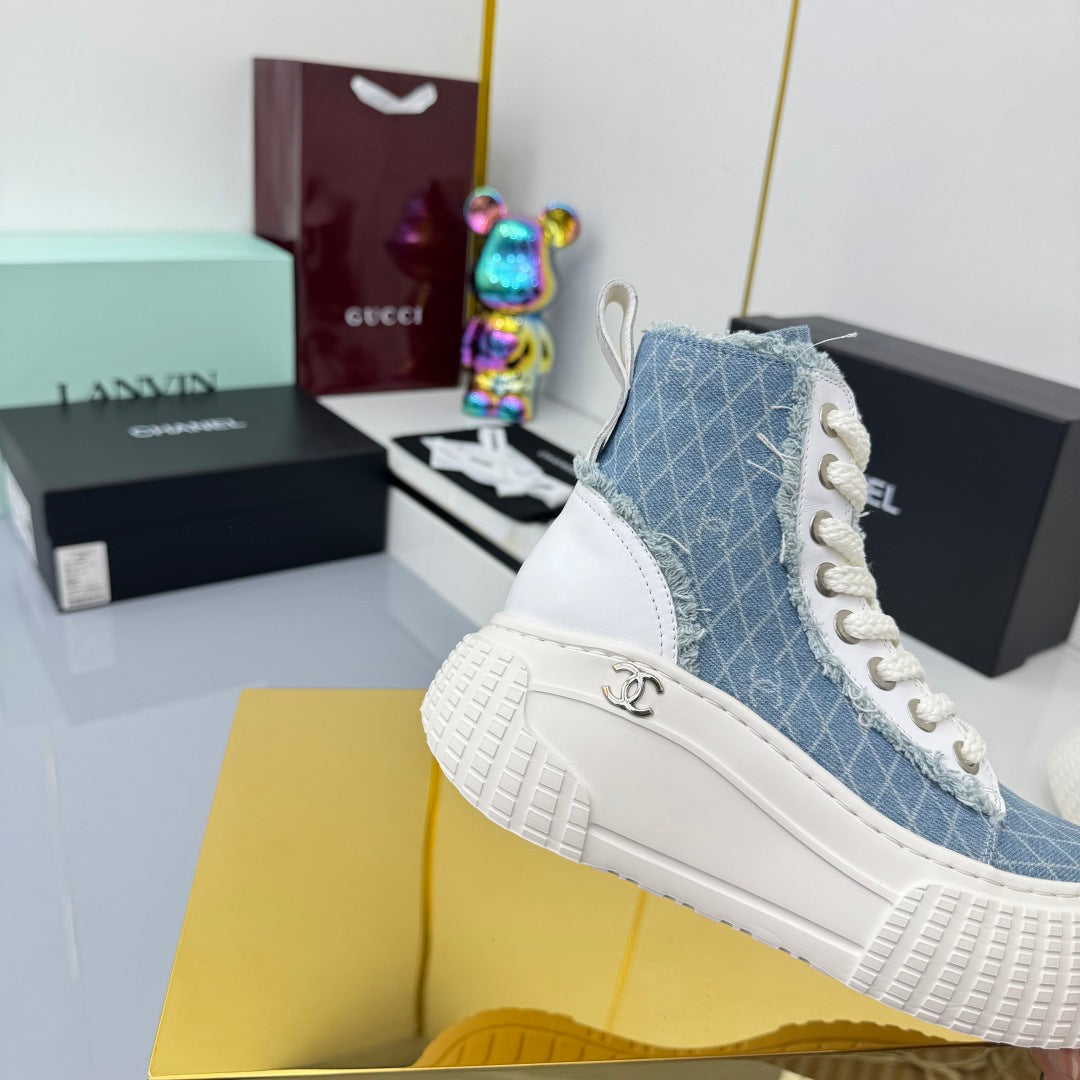 Chanel 2025 High-Top Sneakers Light Blue White Cowhide Denim Frabic 469797