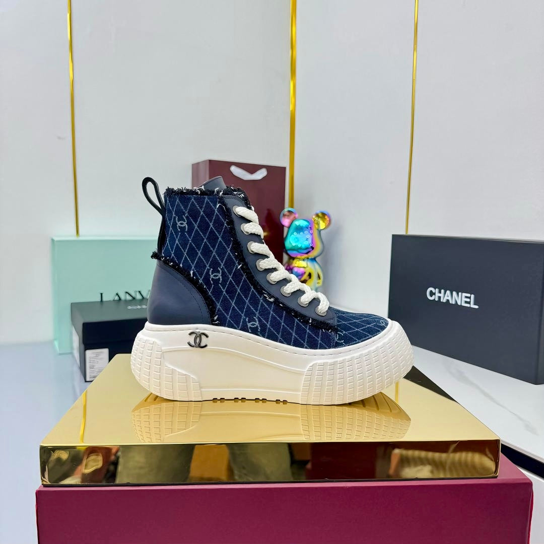 Chanel 2025 High-Top Sneakers Blue White Cowhide Denim Frabic 469798