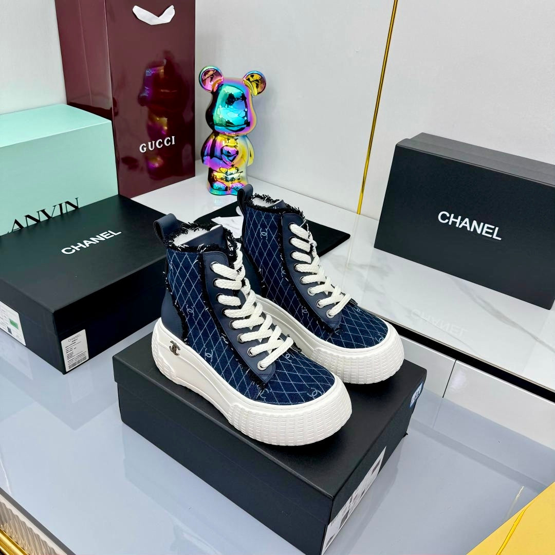 Chanel 2025 High-Top Sneakers Blue White Cowhide Denim Frabic 469798