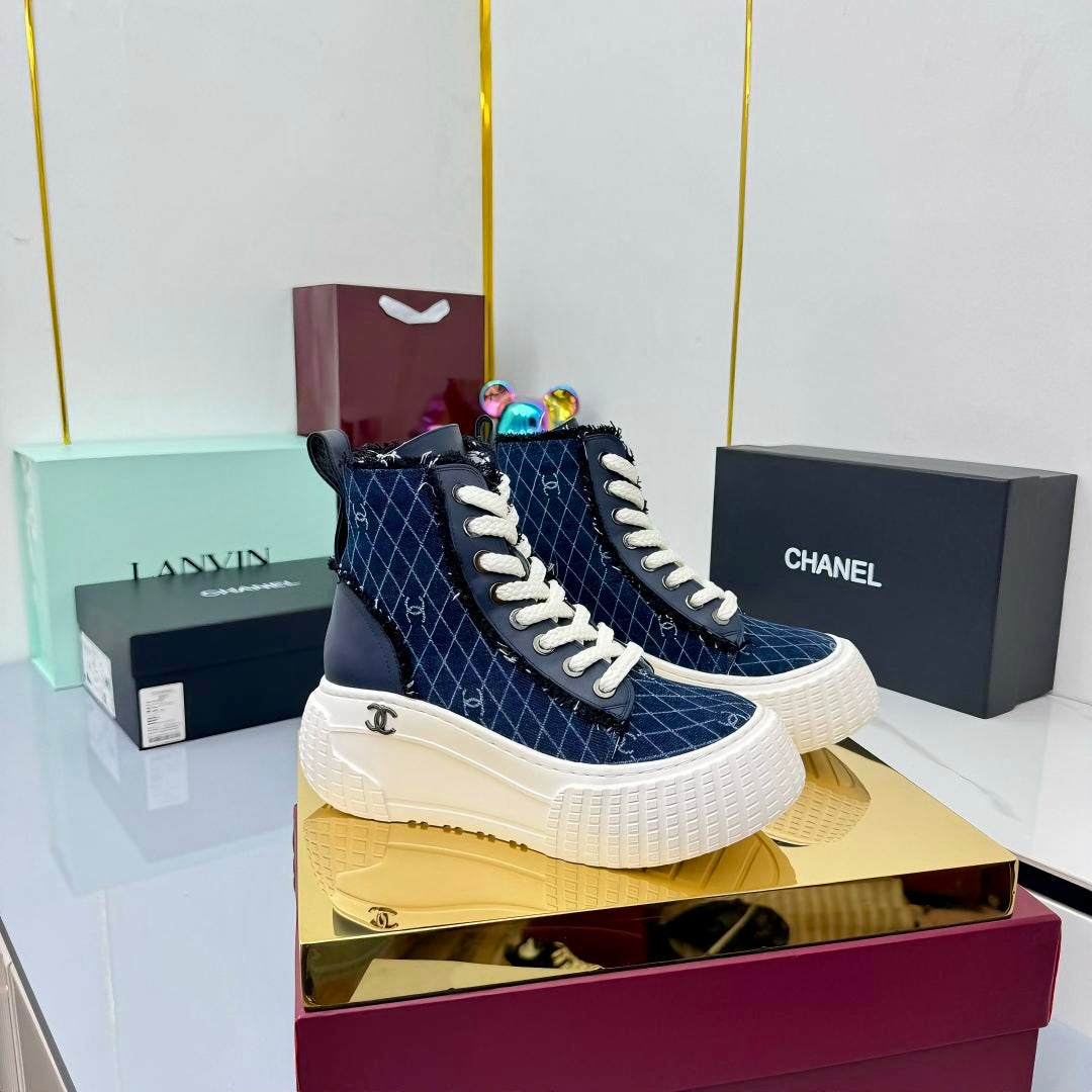Chanel 2025 High-Top Sneakers Blue White Cowhide Denim Frabic 469798