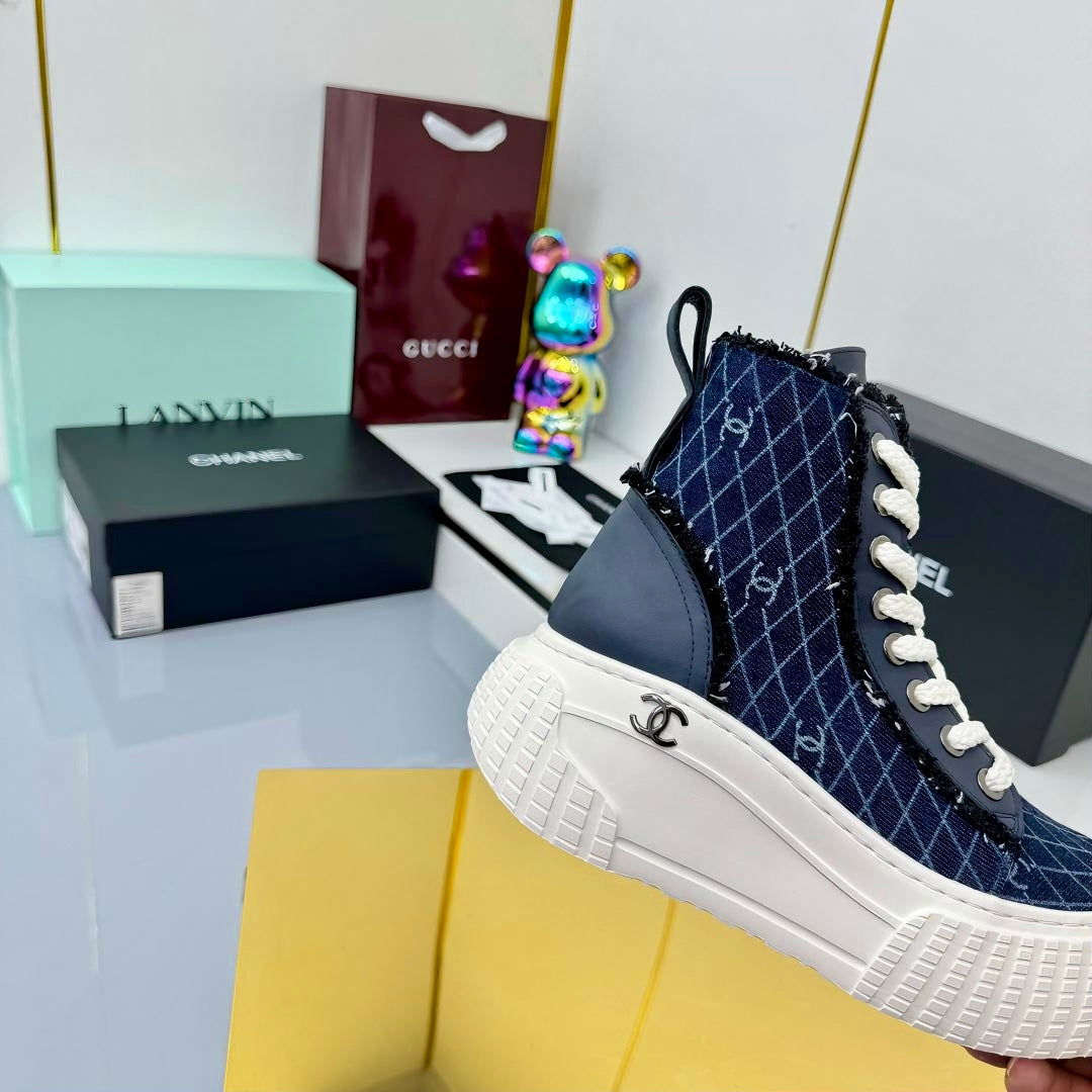 Chanel 2025 High-Top Sneakers Blue White Cowhide Denim Frabic 469798