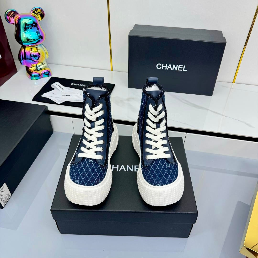 Chanel 2025 High-Top Sneakers Blue White Cowhide Denim Frabic 469798