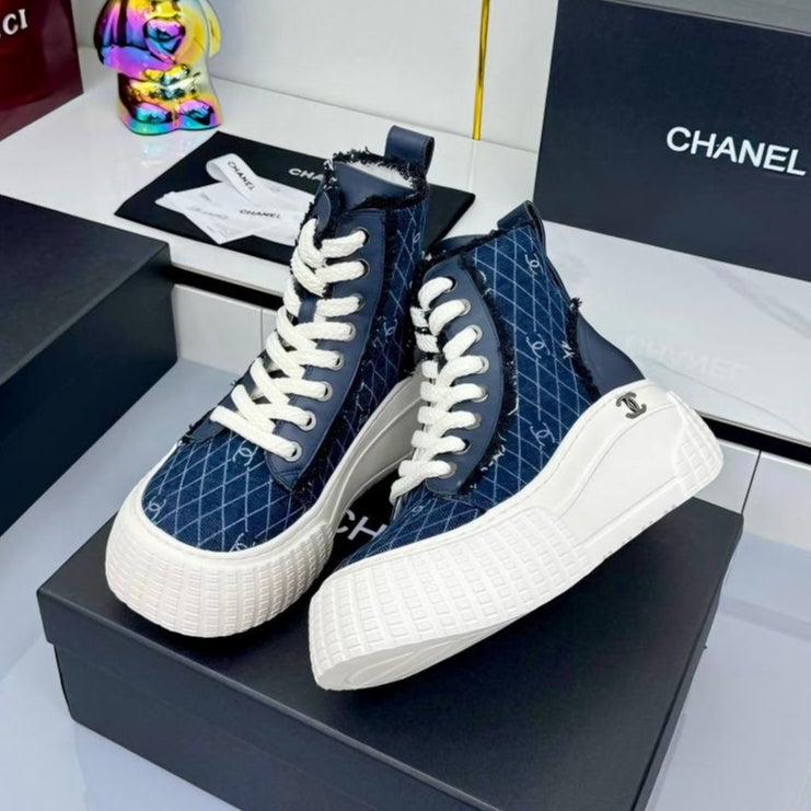 Chanel 2025 High-Top Sneakers Blue White Cowhide Denim Frabic 469798