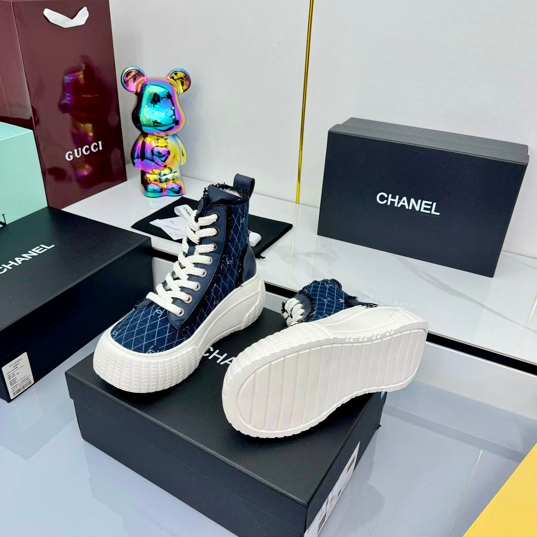 Chanel 2025 High-Top Sneakers Blue White Cowhide Denim Frabic 469798