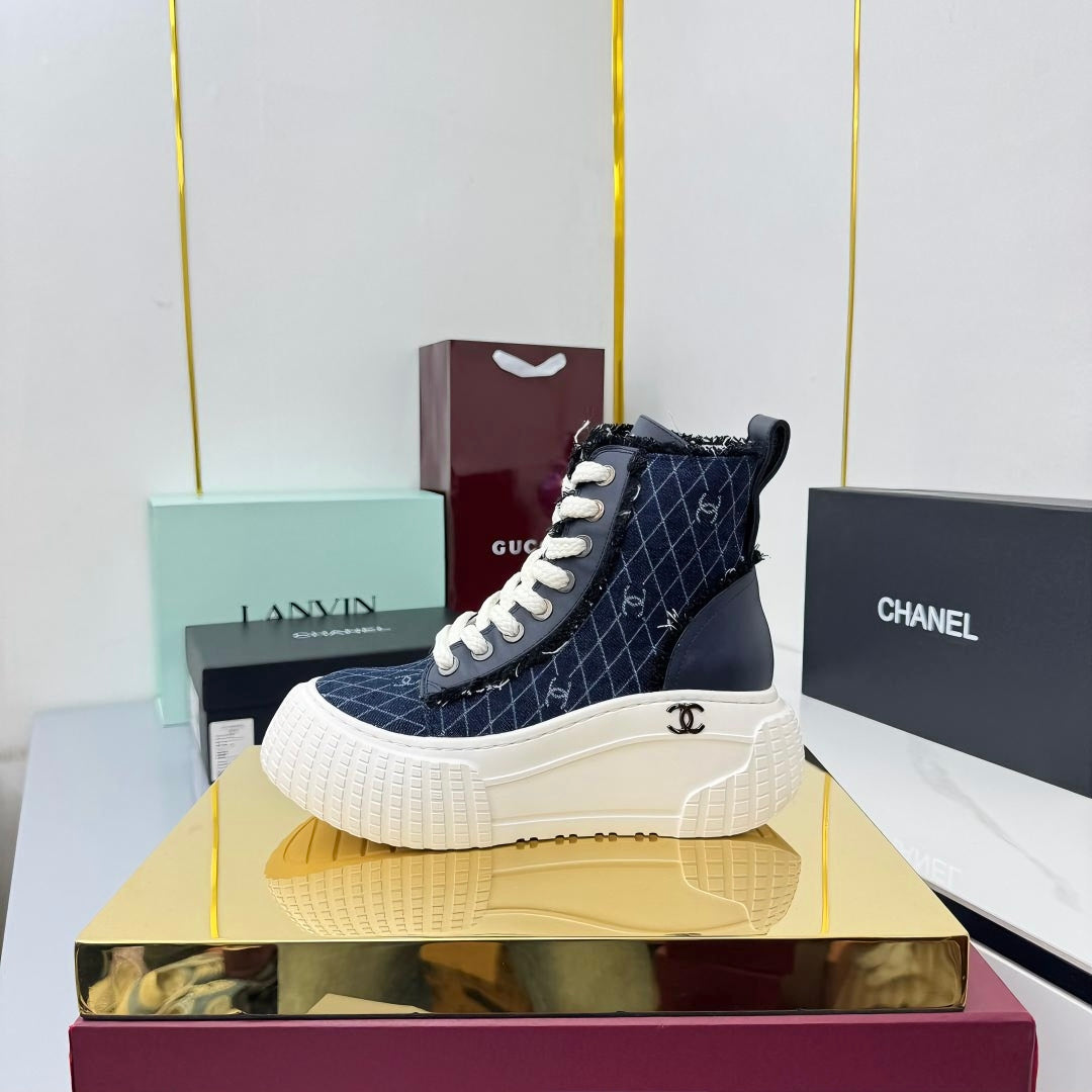 Chanel 2025 High-Top Sneakers Blue White Cowhide Denim Frabic 469798