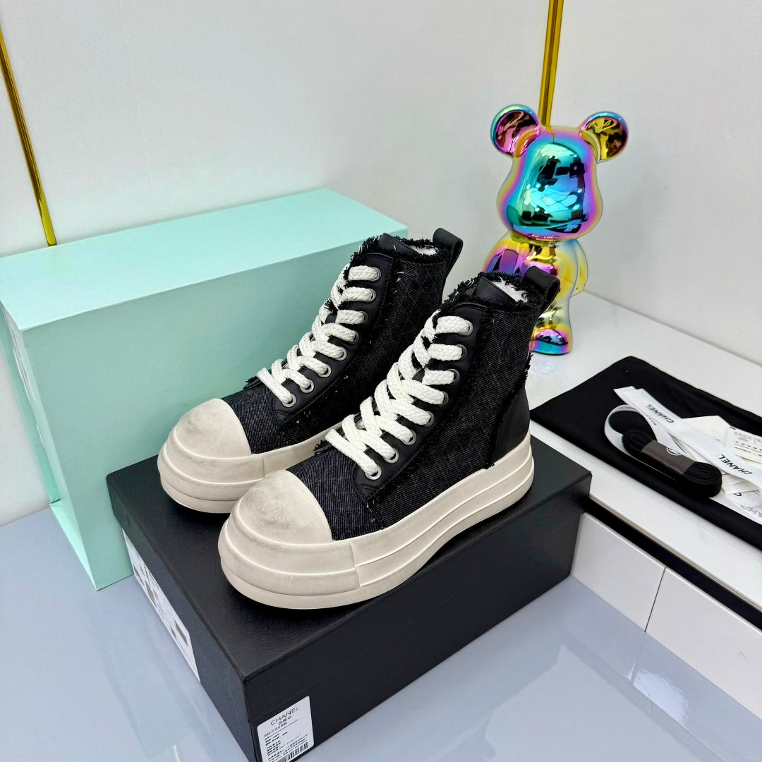 Chanel 25 High Sneaker Black White Cowhide Denim Frabic 469778