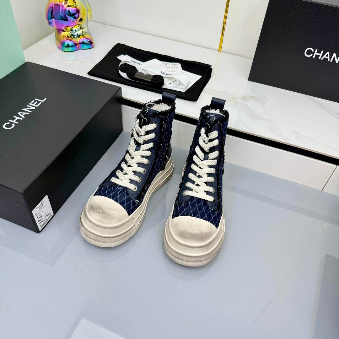 Chanel 25 High Sneaker Blue White Cowhide Denim Frabic 469779