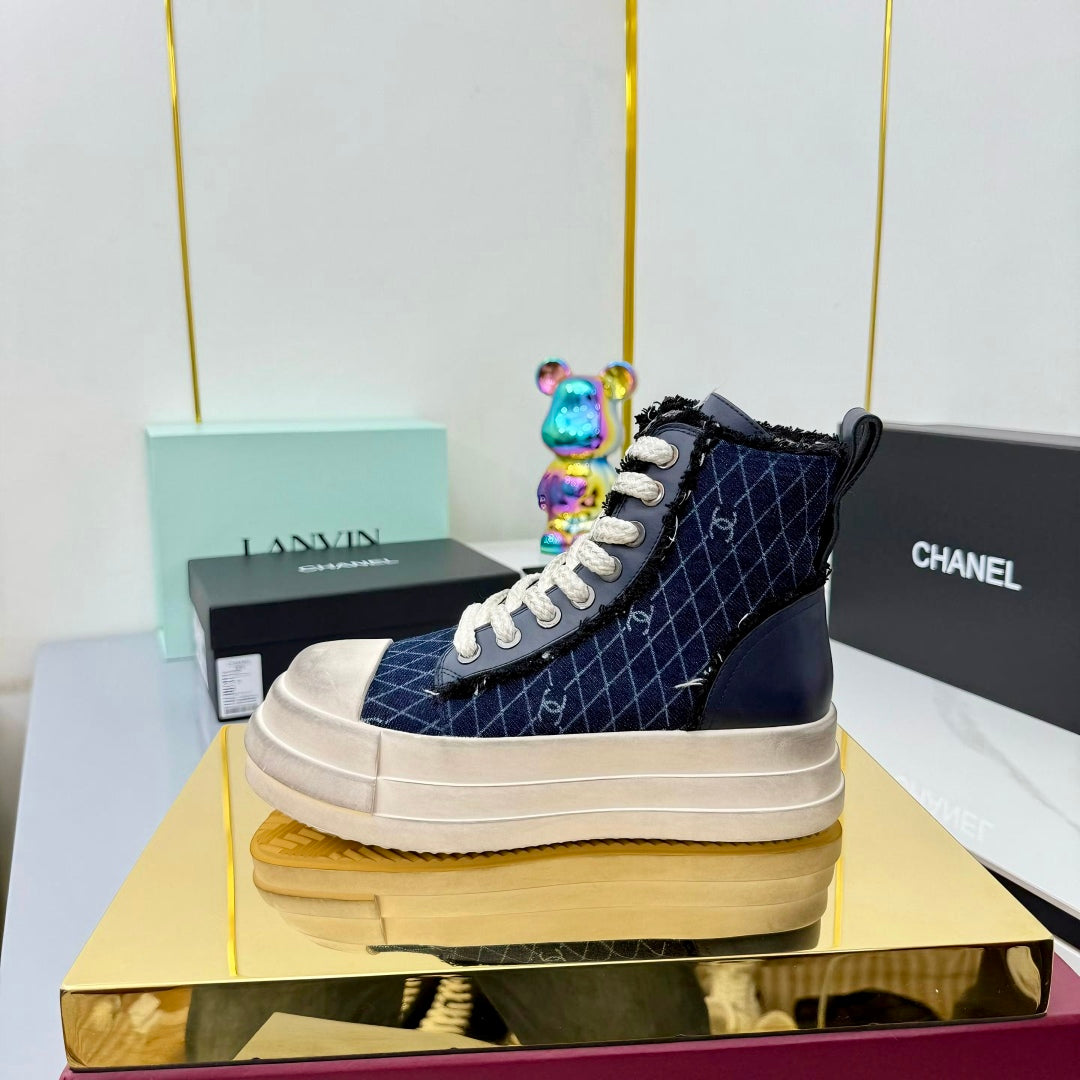 Chanel 25 High Sneaker Blue White Cowhide Denim Frabic 469779