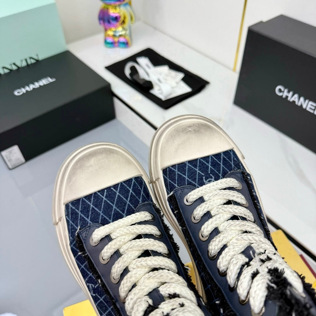 Chanel 25 High Sneaker Blue White Cowhide Denim Frabic 469779