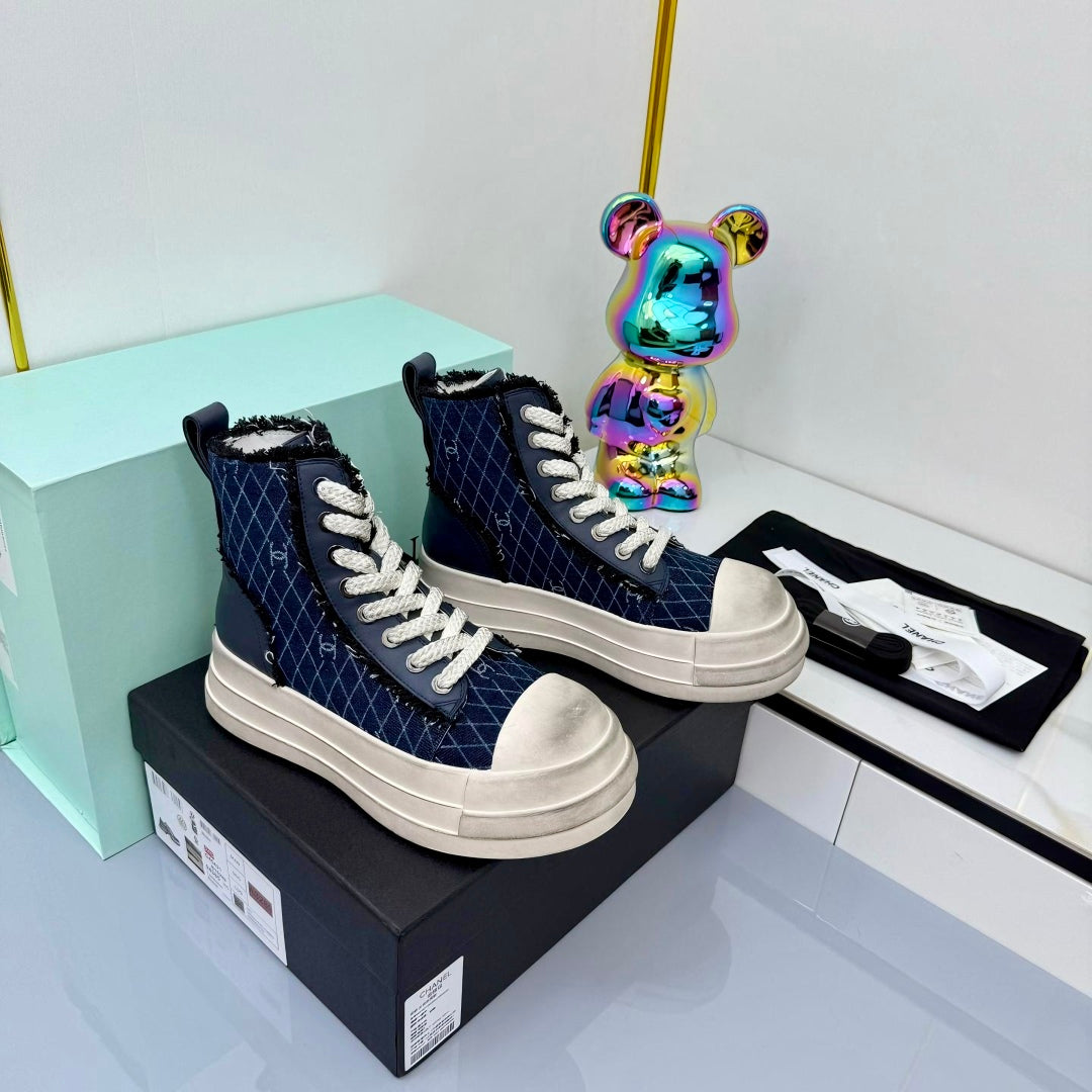 Chanel 25 High Sneaker Blue White Cowhide Denim Frabic 469779